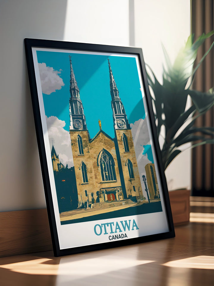 Vintage Notre Dame Cathedral Basilica poster capturing Ottawas historic charm. This wall art piece brings the essence of the basilica into your home, offering a timeless depiction of one of the citys most beloved landmarks. Perfect for art and history lovers.