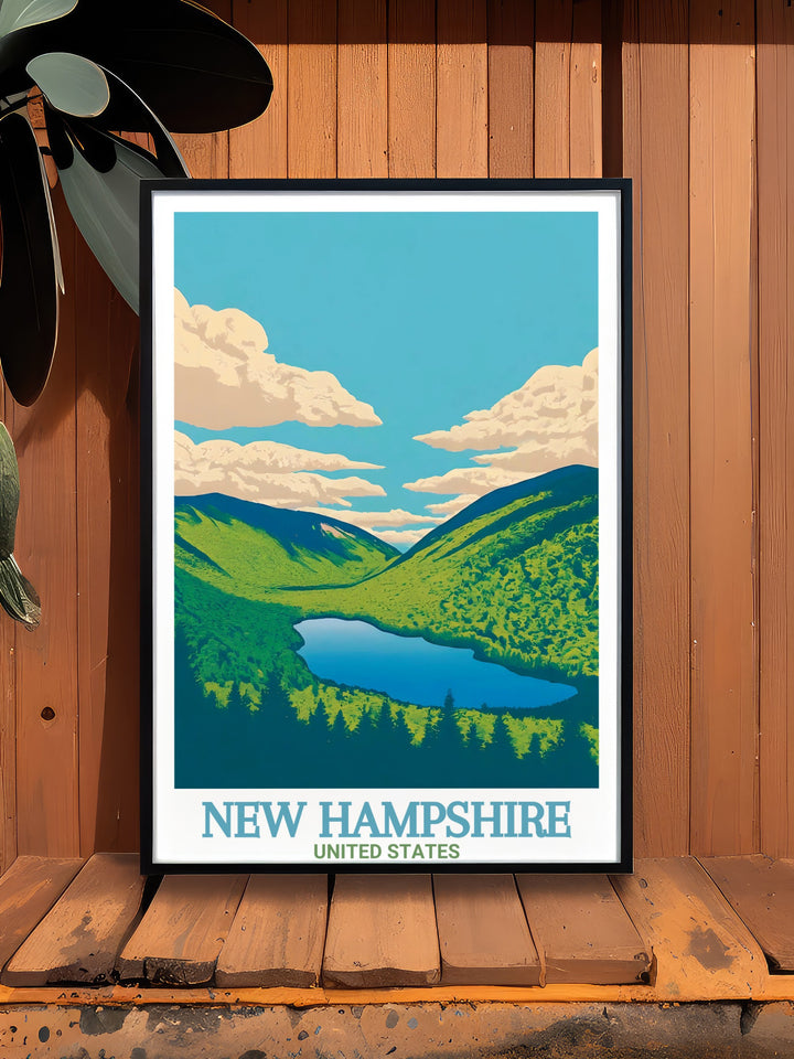 Bring the beauty of New Hampshires Franconia Notch into your home with this Mount Washington Travel Print. Featuring the towering peak in all its glory, this artwork is ideal for anyone who loves the outdoors.