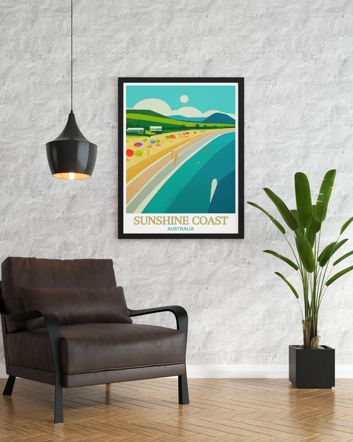 The serene beauty of Mooloolaba Beach on the Sunshine Coast is captured in this travel print. The perfect gift for beach lovers, this poster brings a touch of Australias most beautiful coastline into any living space, making it an excellent décor choice.