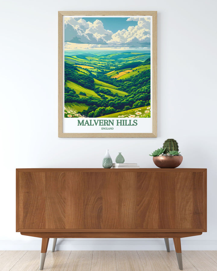 Bring the beauty of the Malvern Hills into your home with this Great Malvern Priory artwork featuring vintage travel prints and picturesque landscapes ideal for creating a serene and sophisticated atmosphere with framed prints and modern decor