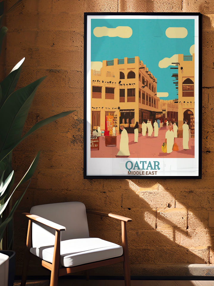 Souq Waqif art print showcasing the bustling marketplace of Qatar. This detailed fine line print highlights the vibrant colors and historical significance of Dohas iconic souq, ideal for those looking to add cultural flair to their home.