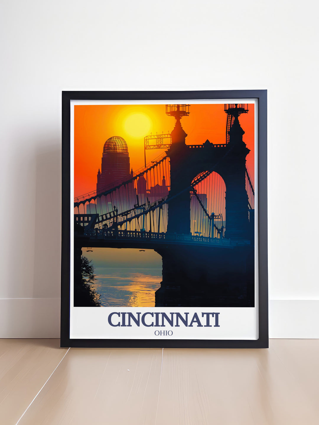 Cincinnati Travel Print featuring Roebling Suspension Bridge and Great American Building in stunning fine line detail perfect for adding a modern touch to your home decor or gifting for special occasions such as Christmas Fathers Day Mothers Day or birthdays