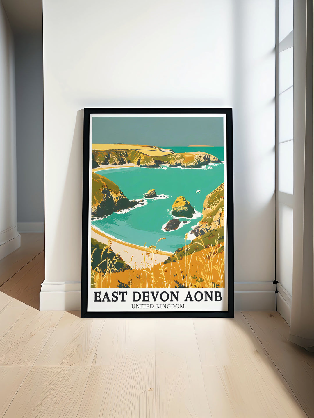 Branscombe Mouth English Channel Modern art print showcasing the picturesque coastline and dramatic sea views of East Devon AONB creating a perfect wall decor for any living space or office environment capturing the tranquil beauty of the UK countryside