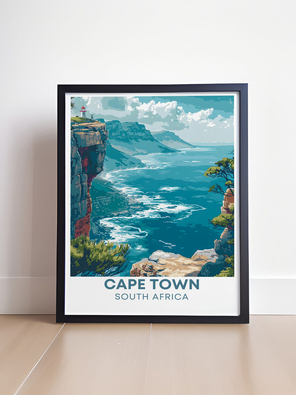 This poster artfully depicts Table Mountain and its role in Cape Towns skyline, offering a perfect blend of scenic landscapes and iconic landmarks for your decor.