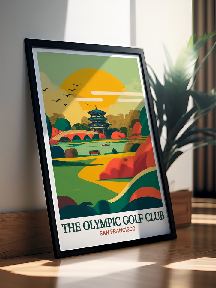 Capture the tranquility of a day on the green with this travel poster showcasing the Olympic Golf Club and Golden Gate Park. This artwork offers a visual escape to one of the most beautiful golf courses, making it a perfect addition to your decor or a thoughtful gift for any golf enthusiast