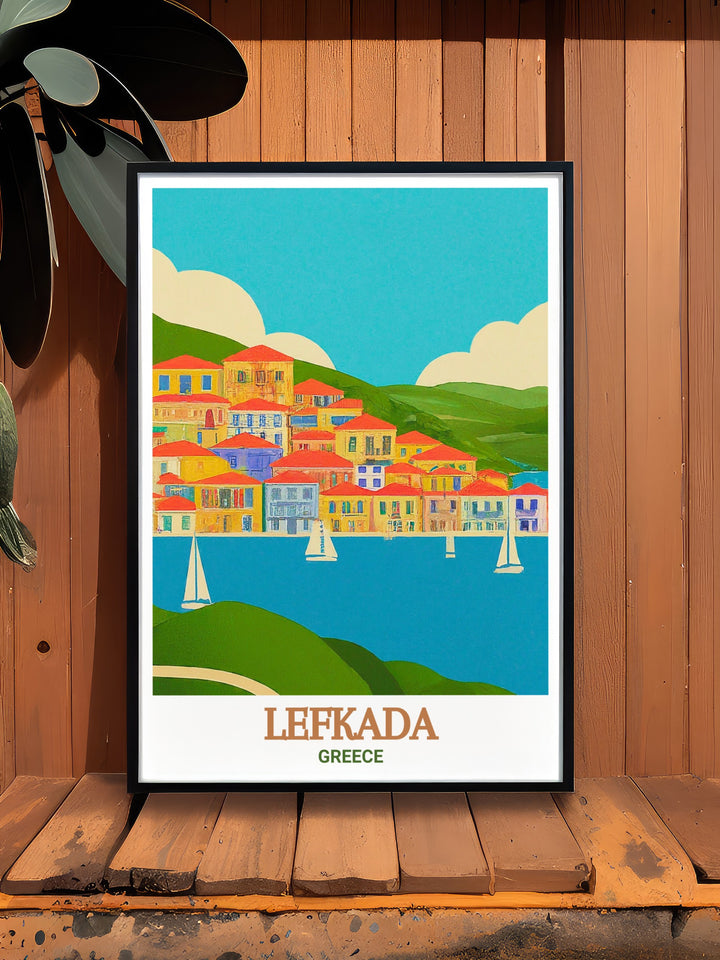 Lefkada Town Modern Prints feature breathtaking views of one of Greeces most iconic islands making it the perfect addition to any living room or bedroom. The combination of architecture and natural beauty makes this Greece Wall Art a must have for Mediterranean decor lovers.