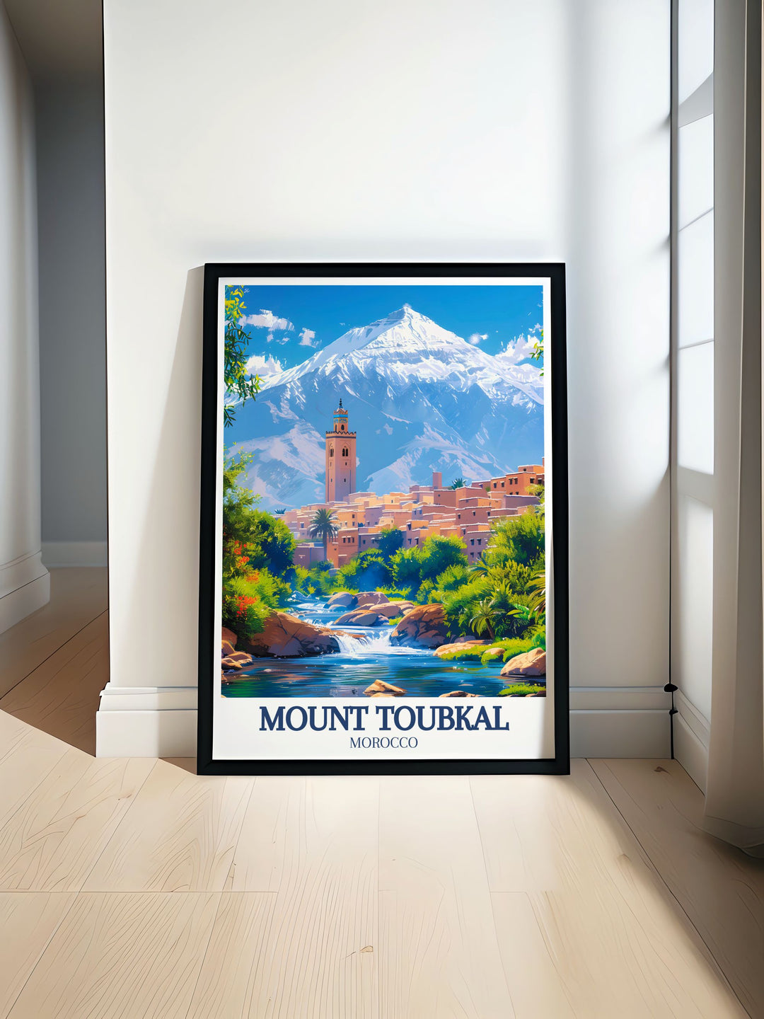 High Atlas mountains travel poster showcasing the breathtaking landscapes of Morocco with detailed illustrations of Mount Toubkal and Berber villages perfect for home decor and as a Moroccan gift for adventure enthusiasts and nature lovers.