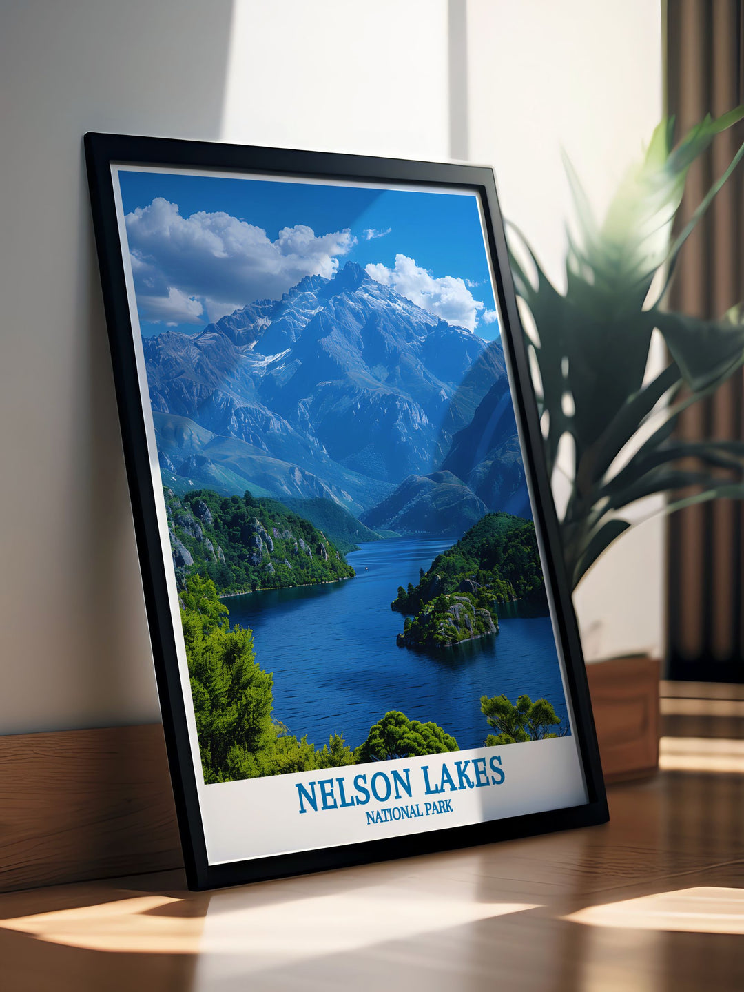 Serene Lake Rotoiti calm waters and scenic views wall art depicting the calm waters and picturesque scenery of this South Island destination perfect for creating a peaceful ambiance in your home and celebrating natures tranquility.