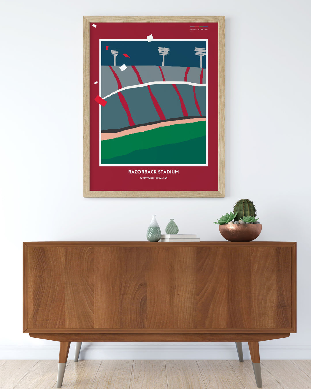 Dynamic Razorbacks poster showcasing Razorback Stadium an excellent addition to any fans collection ideal for enhancing college dorms home offices or living rooms with vibrant Arkansas football art