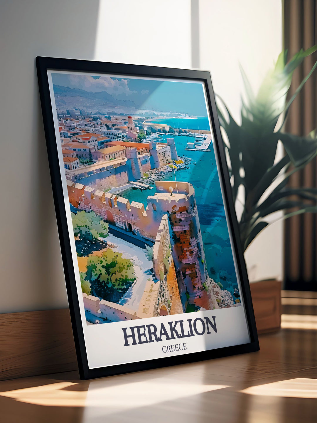 Gallery wall art of Heraklion, highlighting the grandeur of the Venetian Walls in Crete, Greece. This print features the walls detailed architecture and panoramic views, offering a captivating depiction of Greek fortifications.