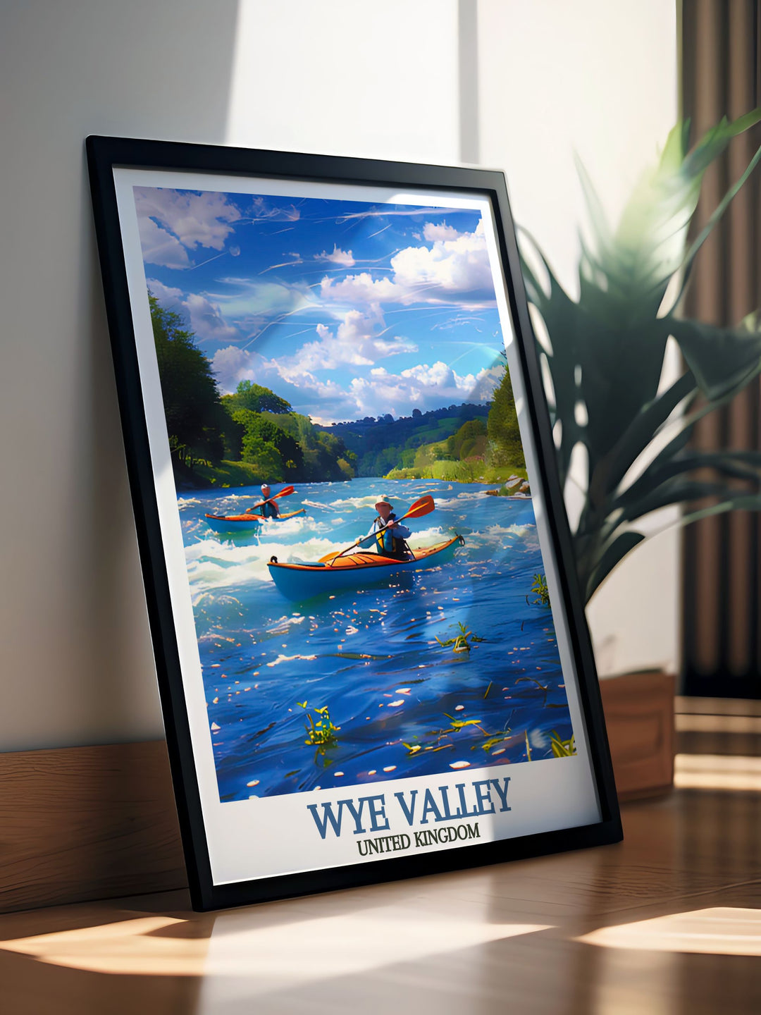 Beautiful Canoeing and Kayaking on the River Wye modern print highlighting the tranquil flow of the river through the Wye Valley. A great choice for West Country art enthusiasts.