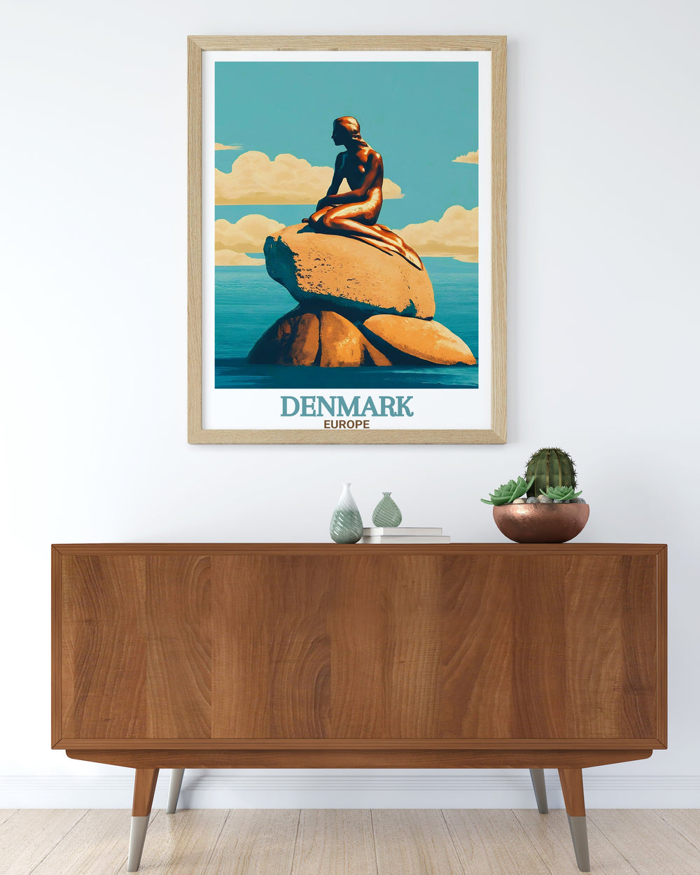 This London travel poster showcases the peaceful Ruskin Park in Camberwell London along with The Little Mermaid Statue from Copenhagen offering a unique blend of iconic city landmarks ideal for enhancing your living room or office decor