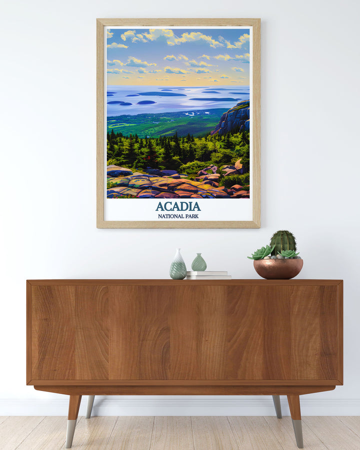 Captivating Acadia National Park print featuring the iconic Cadillac Mountain this artwork brings a touch of wilderness to your living space perfect for anyone who appreciates national park prints and retro travel art.