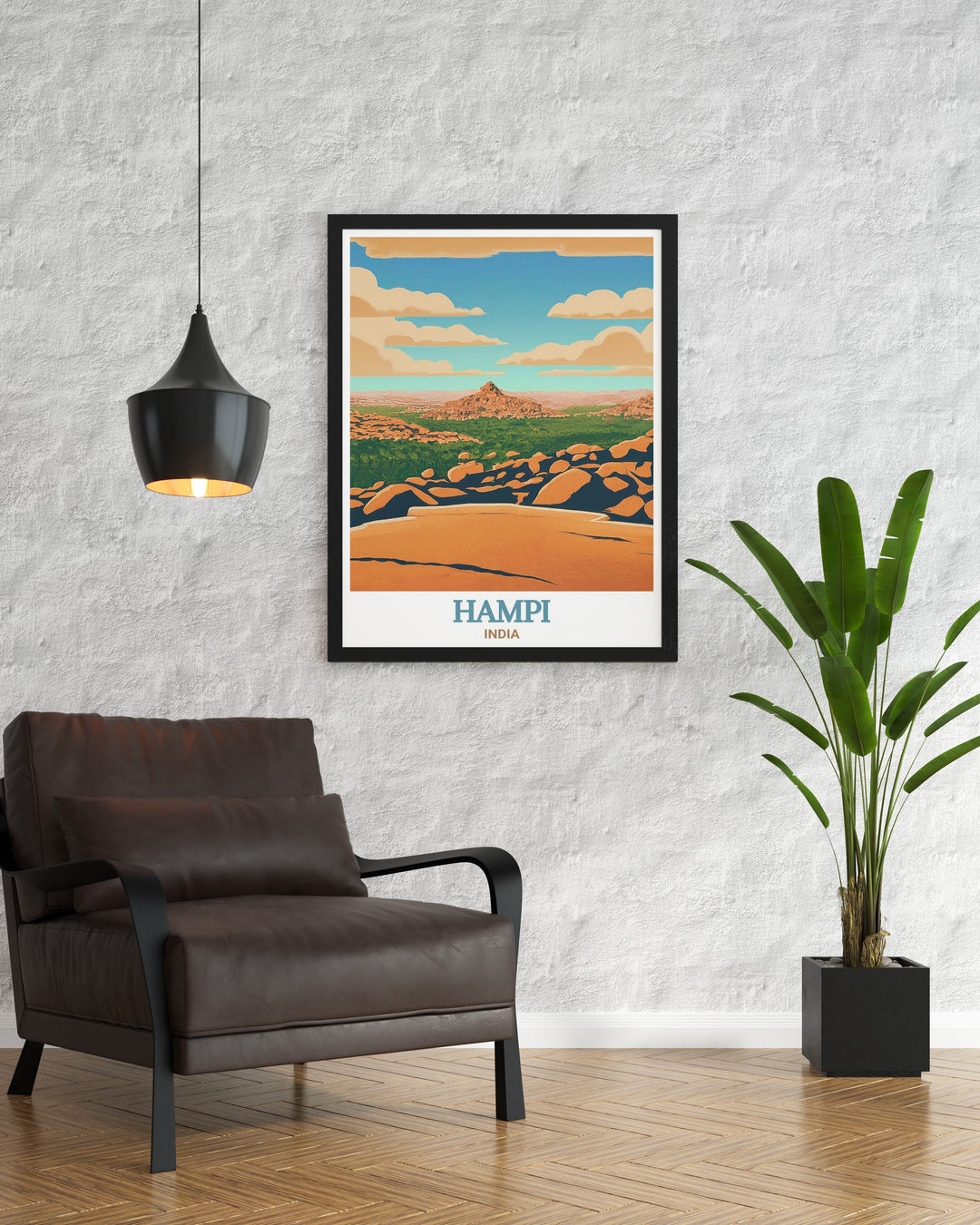 Travel poster of Matanga Hill in Hampi, showcasing the serene landscapes and ancient temples. This elegant print captures the timeless beauty of Hampi, making it a perfect gift for history and art enthusiasts.