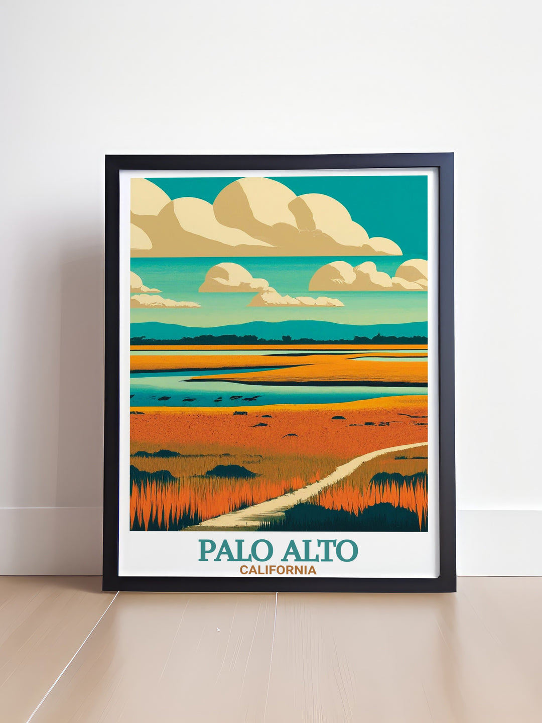 Modern art print of Palo Alto Baylands Nature Preserve a beautiful digital download that offers a unique visual experience blending urban and natural landscapes of Palo Alto California ideal for home or office decor.