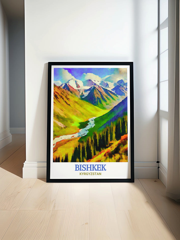 Kyrgyzstan Custom Print featuring Bishkek and Ala Archa National Park offers a personalized way to celebrate Central Asias diverse landscapes. Perfect for anyone looking to add a unique touch to their home decor with a piece of Kyrgyzstans history and natural beauty.