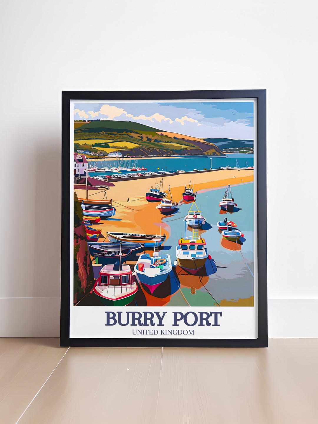 Stunning Llanelli print capturing the essence of Welsh seaside towns ideal for those who love seaside art and sophisticated home decor featuring Pembrey Country Park and Burry Port harbor