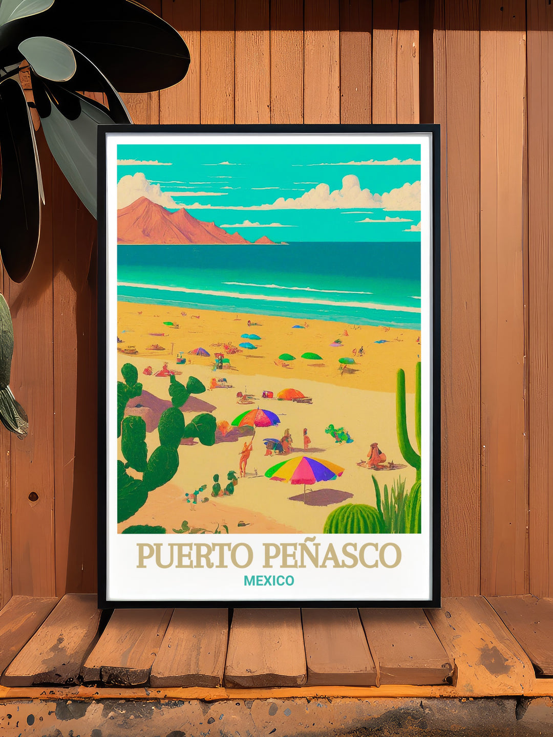 Puerto Peñasco art print showcasing the serene beauty of Playa Bonita, featuring golden sands, calm waves, and a breathtaking sunset. This detailed artwork captures the essence of Mexicos coastal charm, making it a perfect addition to any home decor for those who love the beach.