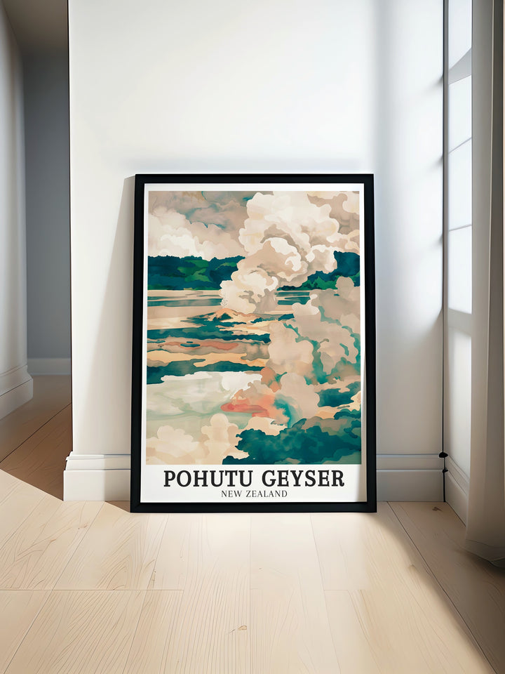 Bring the geothermal wonders of New Zealand into your home with this artwork featuring Pohutu Geyser, Wairakei Geothermal Area, and Kuirau Park. Perfect for those who love nature and travel, this print captures the breathtaking scenes of Rotoruas geothermal activity and is a great gift idea.