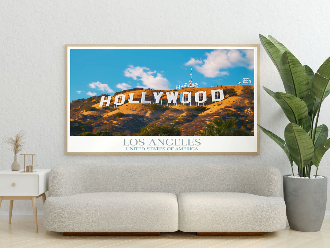 Hollywood Sign Modern Print featuring the iconic landmark with vibrant colors perfect for Los Angeles Wall Art. Ideal as a travel poster or elegant home decor piece showcasing the Hollywood Sign and cityscape.