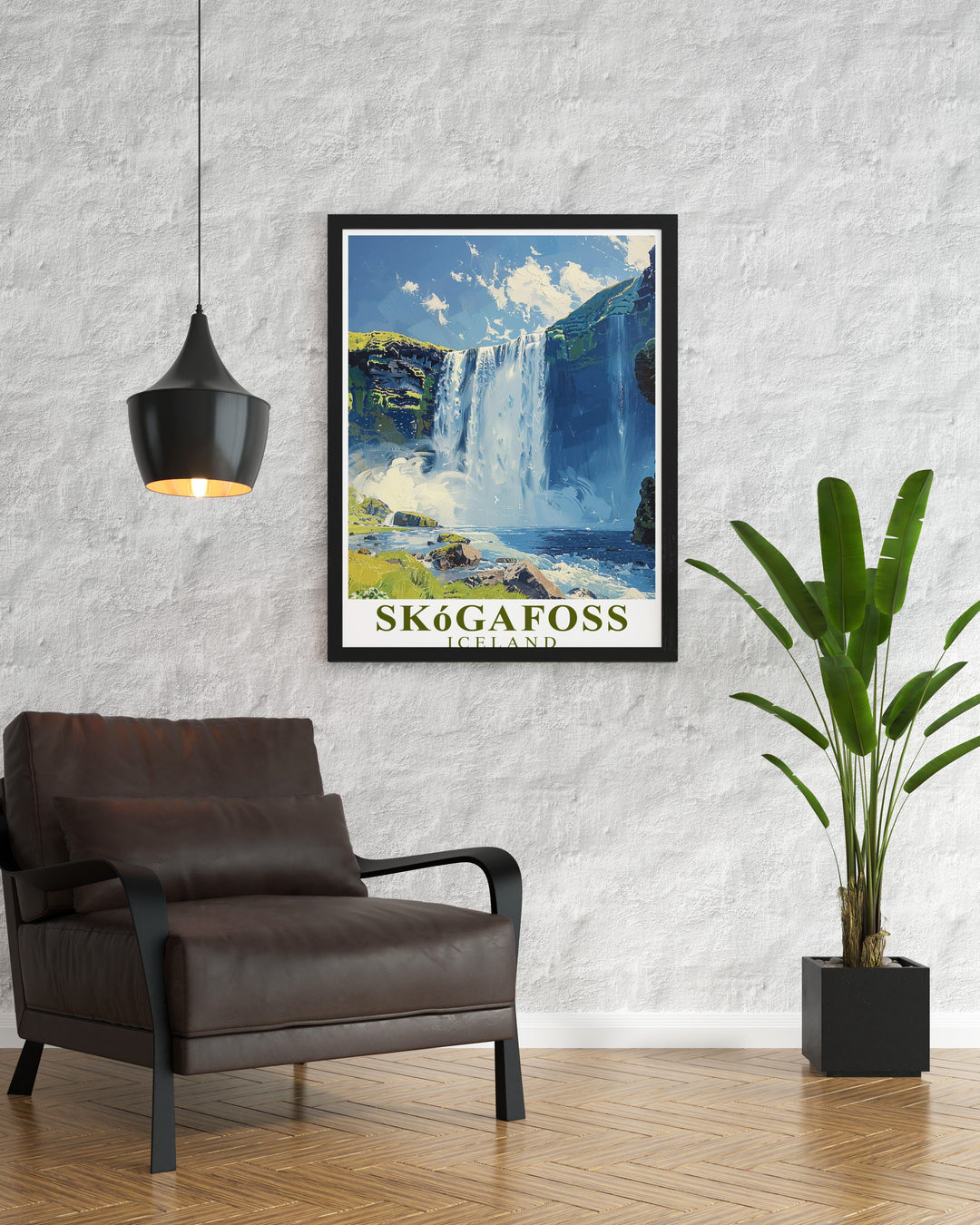 Artistic Skogafoss Waterfall Poster Print showing the stunning dynamic flow of water over cliffs and capturing the essence of Icelandic natural beauty ideal for Waterfall Modern Art and Bucket List Prints enhancing your living space with a piece of Icelands grandeur