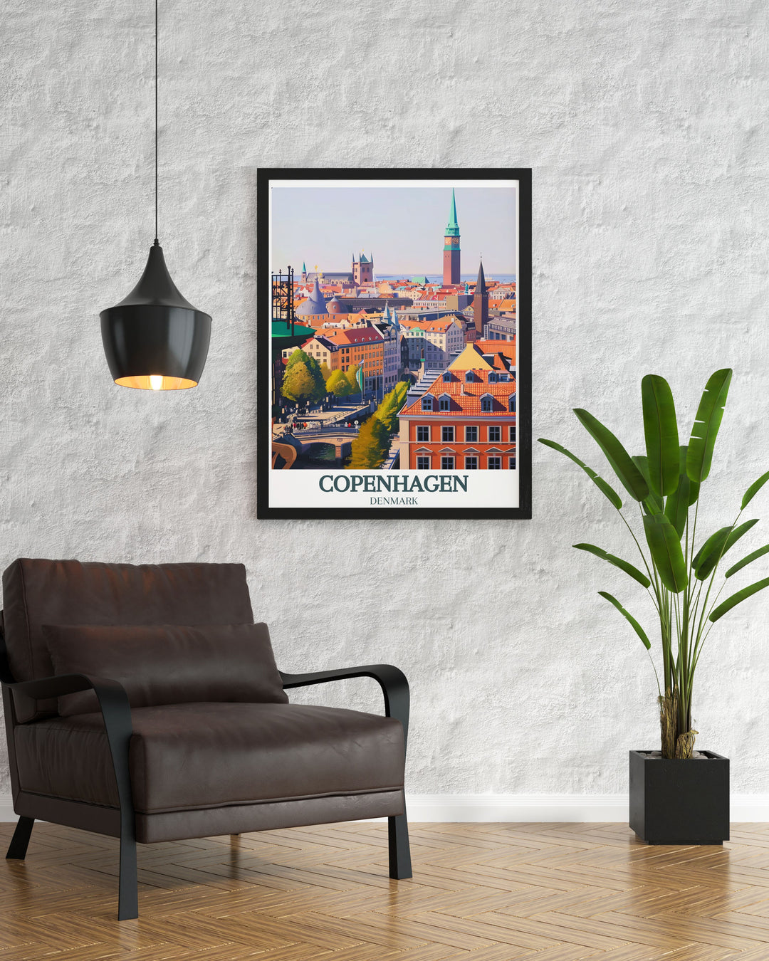 Add a touch of sophistication to your home with this stunning Copenhagen wall art of The Round Tower view, Copenhagen city hall. The detailed print brings the iconic skyline of Denmarks capital into your space.