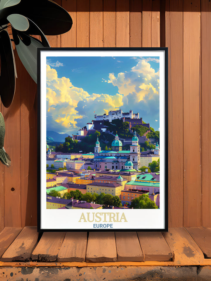 Austria colorful art print featuring Salzburgs Historic Center brings elegance and modernity to any room. This Austria travel print is perfect for living rooms or as a special gift. Celebrate Austrian heritage with this stunning and detailed city print.