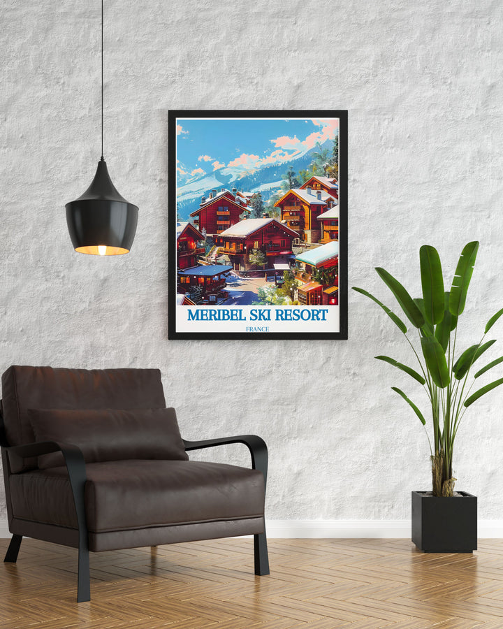 Charming Meribel Village artwork depicting the majestic Mont Vallon in a modern skiing poster style. This high quality print is a fantastic gift for ski enthusiasts and adds a touch of sophistication to any space.