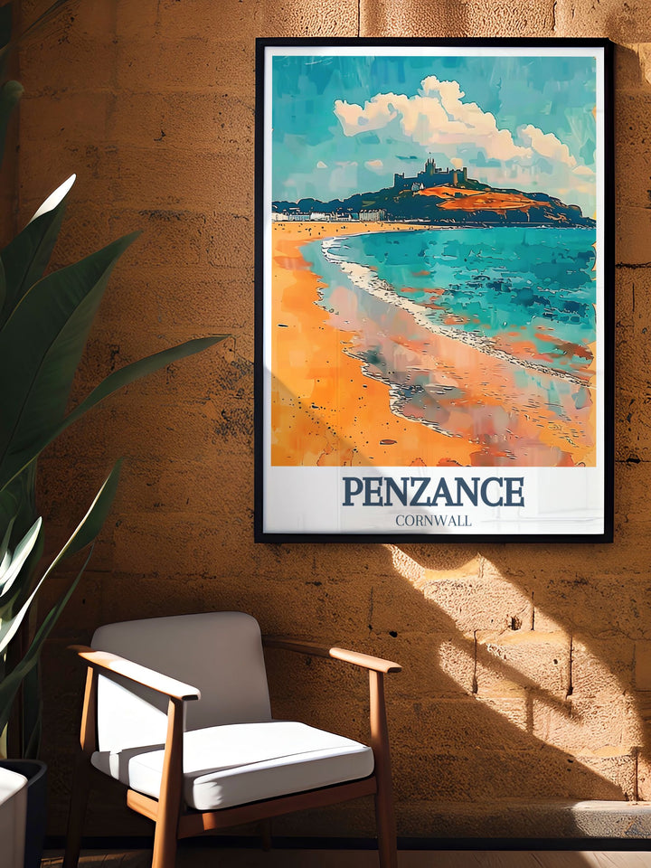 Detailed Porthleven Cornwall Poster with views of Porthleven Pier and Mount Bay St Michaels Mount perfect for lovers of Cornish art and coastal landscapes offering a serene and elegant addition to your decor