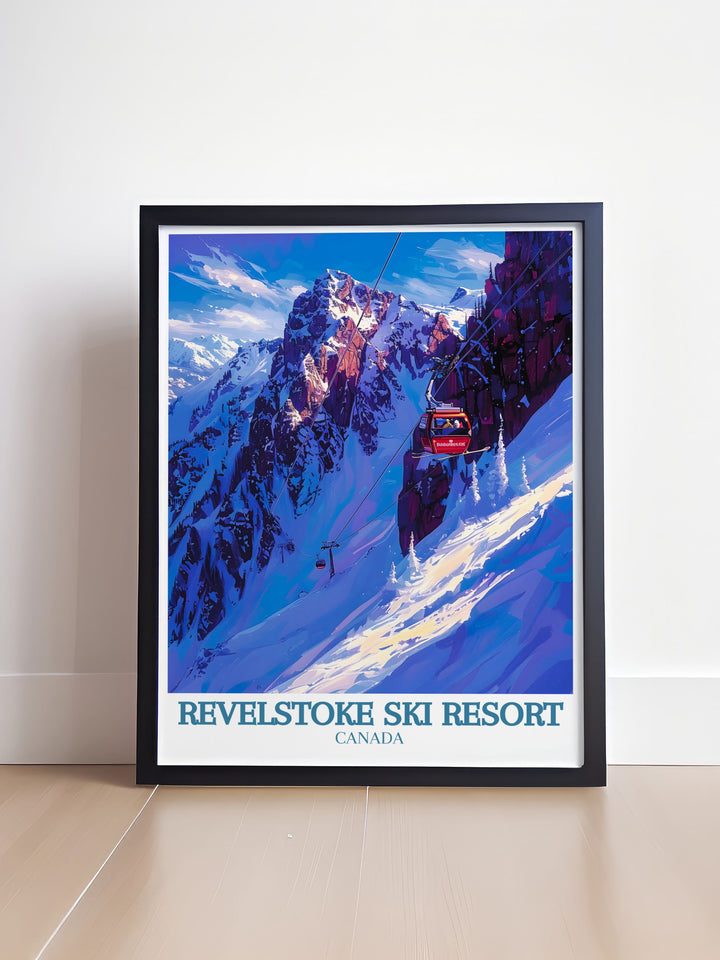 Revelstoke Poster featuring Mount Mackenzie and the Revelation Gondola cable car. This Ski Resort Print brings the beauty of British Columbia into your home. Perfect for adding a touch of adventure and elegance to your decor.