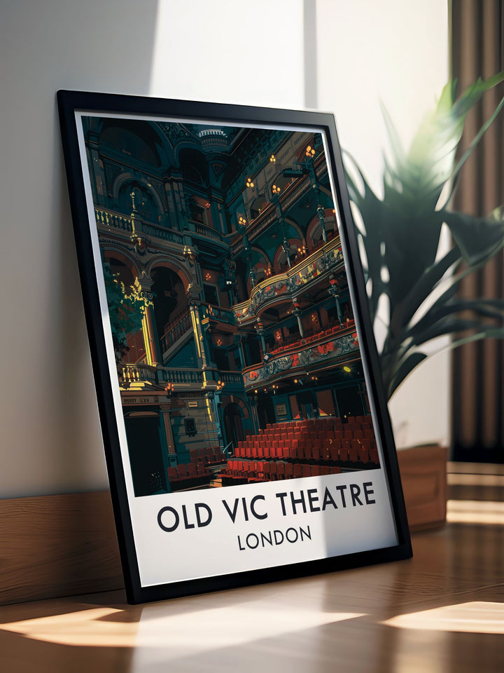 The main auditorium of Londons Old Vic Theatre is beautifully illustrated in this retro travel print. The vibrant colors and art deco design make it a standout piece for any home or office décor, celebrating the rich history of Londons theatre scene.