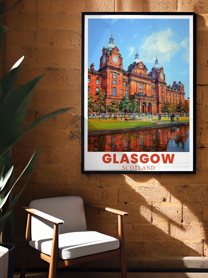 Elegant Kelvingrove Art Gallery and Museum art print capturing the intricate details of this historic structure. Ideal for adding a sophisticated touch to any room and celebrating Glasgows cultural charm.