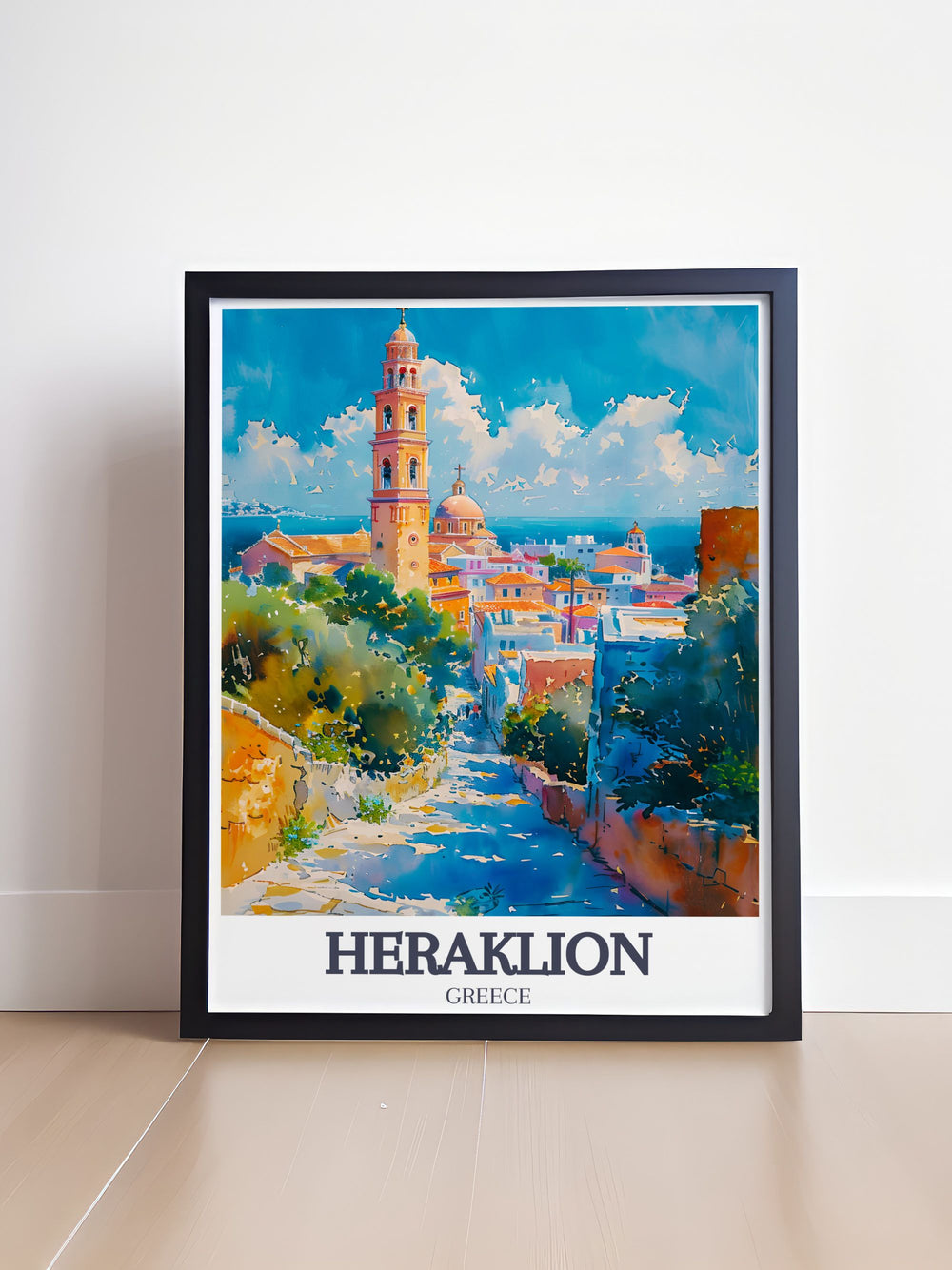 Home decor print showcasing the majestic Agios Minas Cathedral in Heraklion, Crete, Greece. The artwork highlights the cathedrals grand facade, detailed interior, and vibrant surroundings, bringing the essence of Greek religious and cultural heritage into your home.