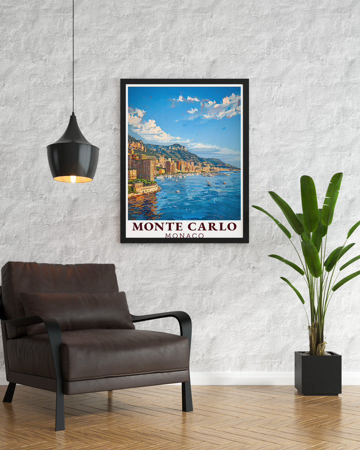 Cityscape Travel Print brings Monacos iconic skyline to life, offering a detailed view of the luxurious Monte Carlo district. This wall art is ideal for those who want to bring the beauty and elegance of Monaco into their home decor.