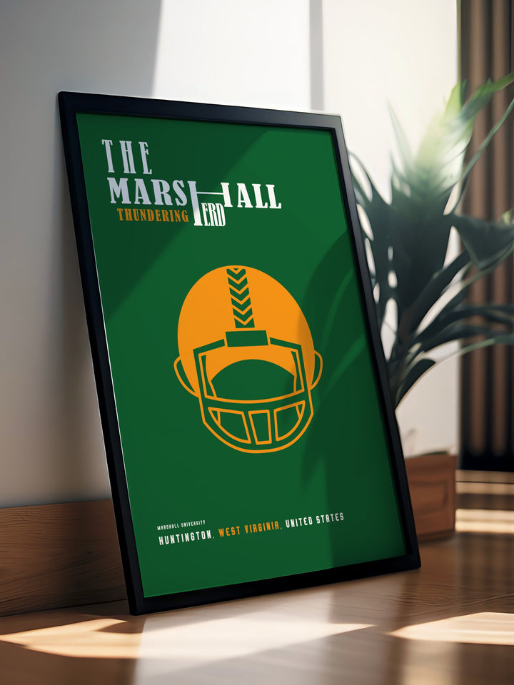 Celebrate your love for Marshall Football with this Joan C Edwards Stadium poster print. The vibrant design featuring the Marshall Thundering Herd makes it perfect for college dorms sports rooms or as a gift for any fan of NCAA football and American sports.