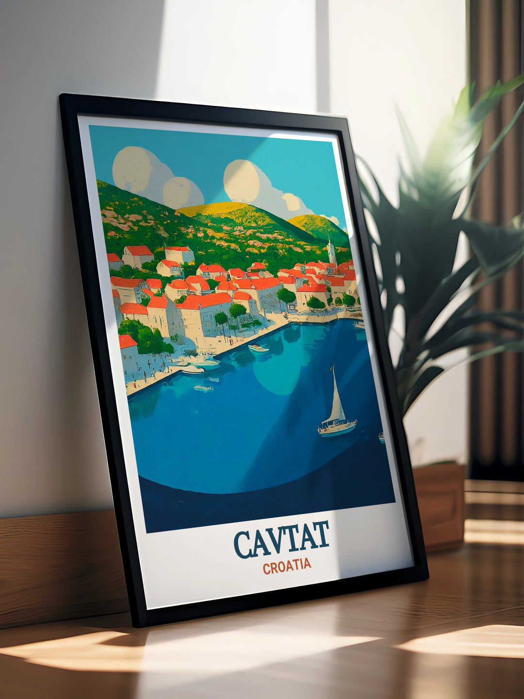 Croatia canvas art featuring Cavtat Harbors stunning marina and historic stone buildings, this travel poster is a must have for fans of Croatias breathtaking coastal towns and scenic views.