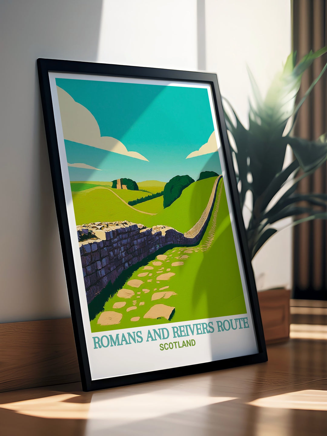 Reivers Route and Hadrians Wall travel print a stunning depiction of Scotlands iconic hiking destinations including the Forest of Ae and Hawick ideal for lovers of National Park art and Scottish hiking gifts.