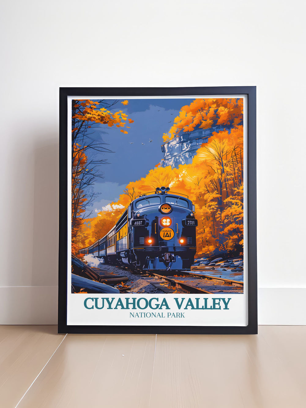 Stunning travel poster of Cuyahoga Valley Scenic Railroad, capturing the historical charm and scenic views along the Cuyahoga River. Perfect for adding a touch of history and natural beauty to your living space.