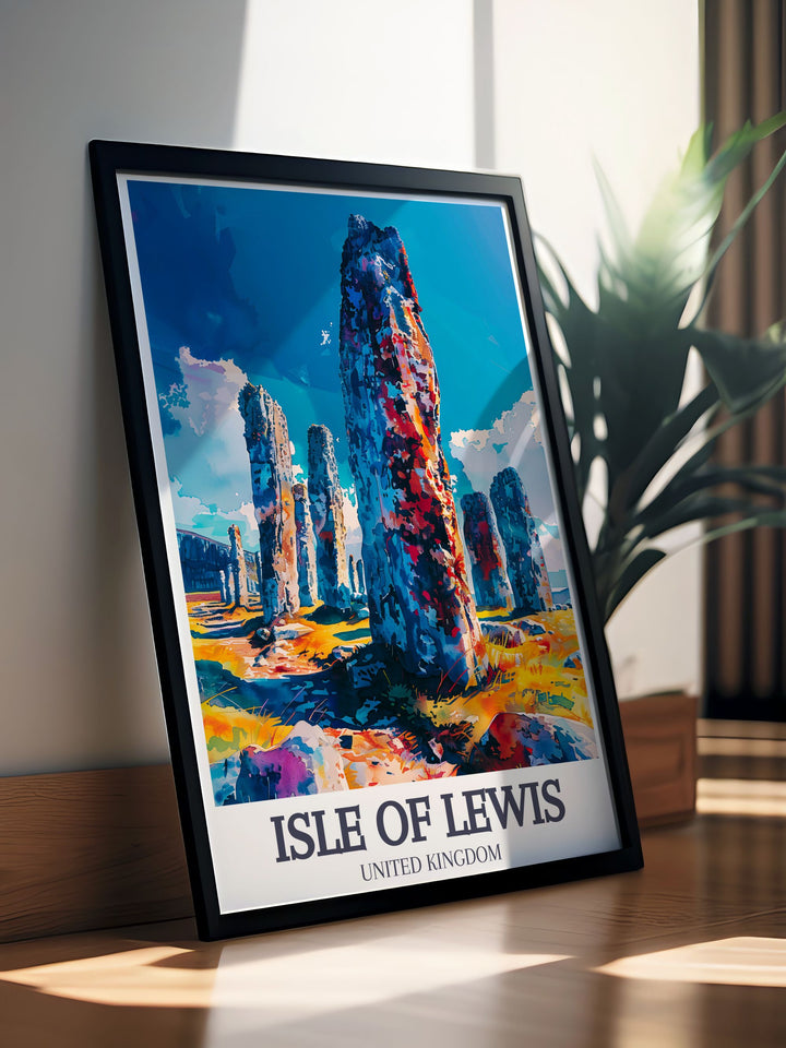 An exquisite Isle of Lewis art print that showcases the rich cultural heritage and natural beauty of the area. The intricate details of the Callanish Stones in this artwork make it a fantastic decor choice for lovers of Scotlands scenic landscapes.