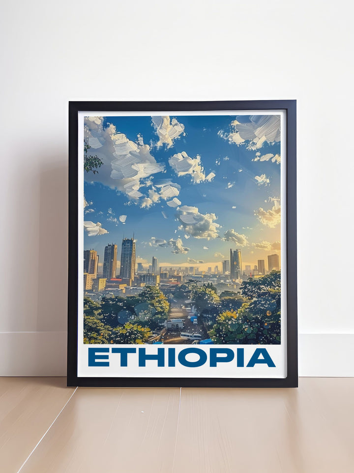 Ethiopia Poster of Addis Ababa displaying intricate details and rich cultural elements that blend modern design with traditional aesthetics creating a timeless and contemporary piece for any space in your home