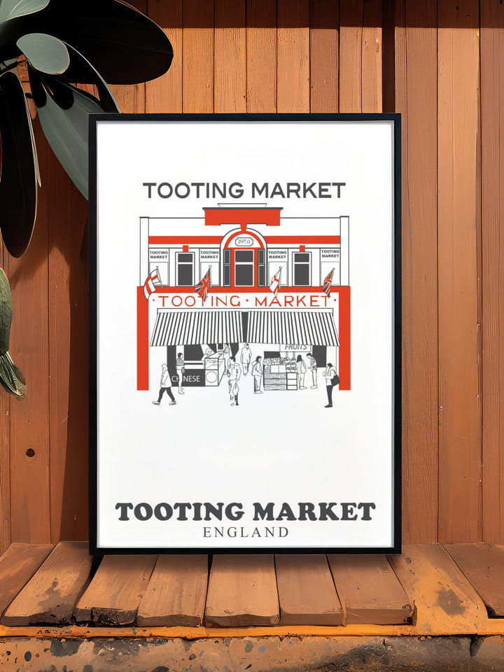 London travel poster of Tooting Market perfect for those who love the vibrant energy of South London markets and want to bring a piece of London architecture into their home