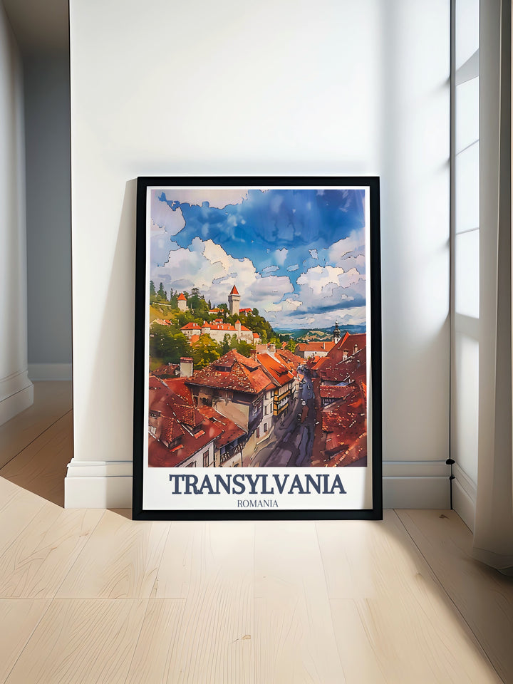 This Transylvania travel poster captures the haunting beauty of Corvin Castle and the medieval charm of Sighișoara Citadel, two of Romanias most iconic landmarks. Perfect for fans of Gothic architecture and history lovers, this framed print brings the mystique of Romania into your home.