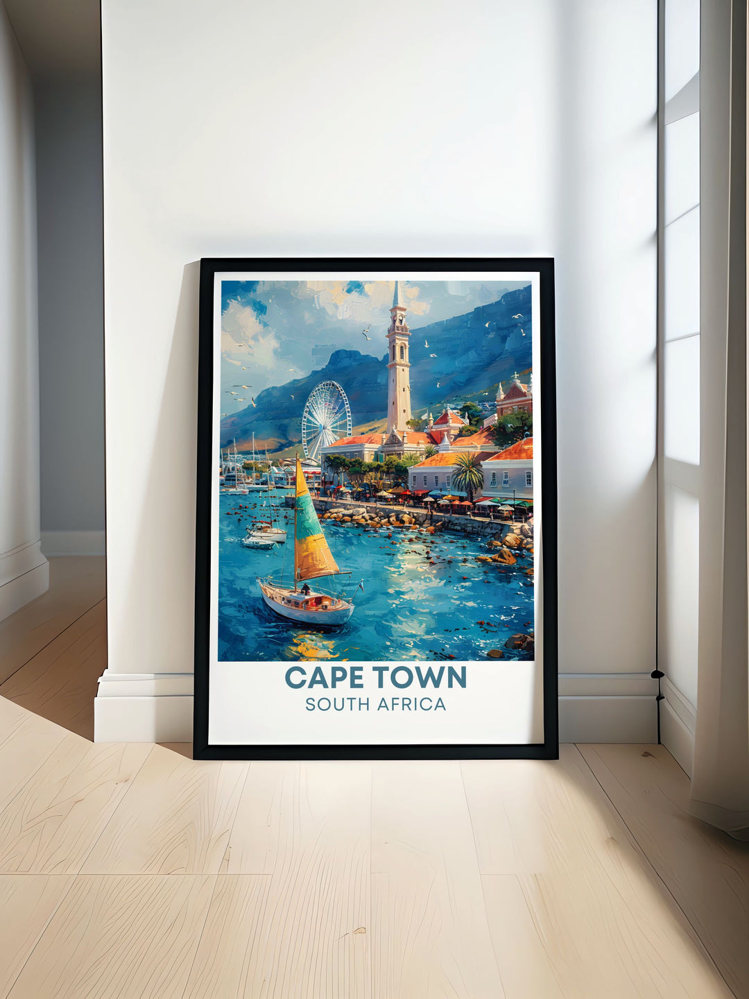 Showcasing the dynamic environment of the Victoria & Alfred Waterfront and the impressive slopes of Table Mountain, this travel poster adds a unique touch of urban and natural elegance to your living space.