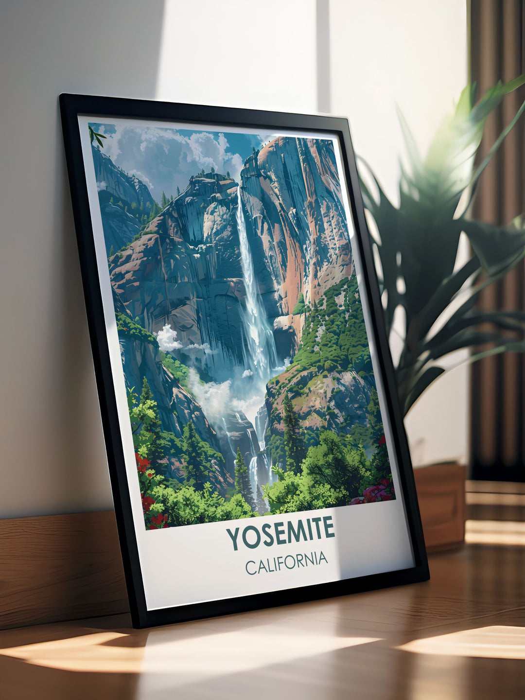 This travel poster of Half Dome captures the iconic granite formation bathed in soft morning light, highlighting its smooth, rounded surface and the surrounding serene landscape of Yosemite.