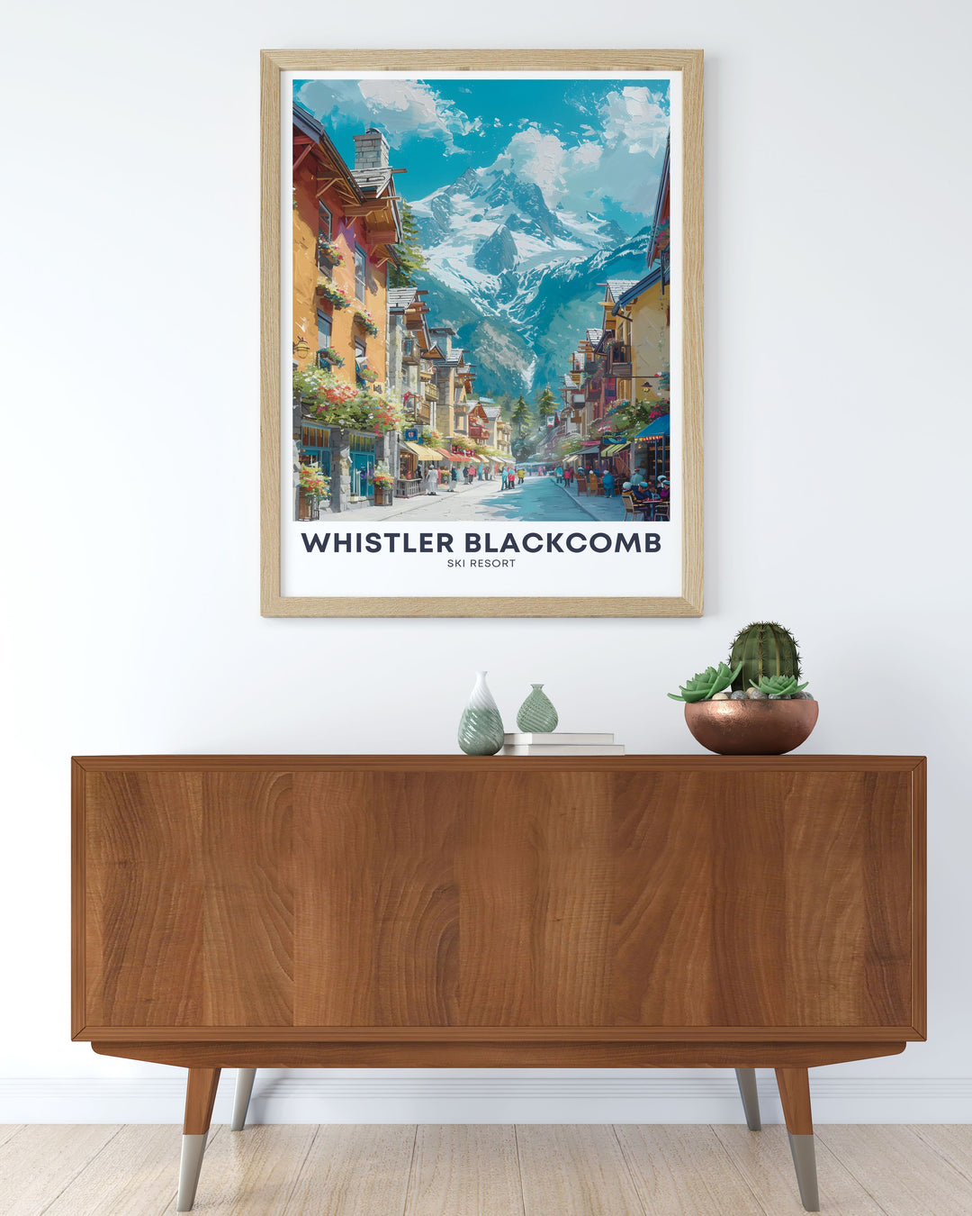 Whistler village print showcasing the charm and beauty of Whistler Canada. This skiing artwork captures the excitement of Whistler Ski Resort and is ideal for anyone who loves snowboarding and breathtaking mountain views.