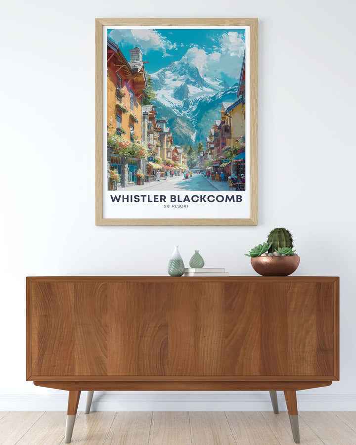 Whistler village print showcasing the charm and beauty of Whistler Canada. This skiing artwork captures the excitement of Whistler Ski Resort and is ideal for anyone who loves snowboarding and breathtaking mountain views.