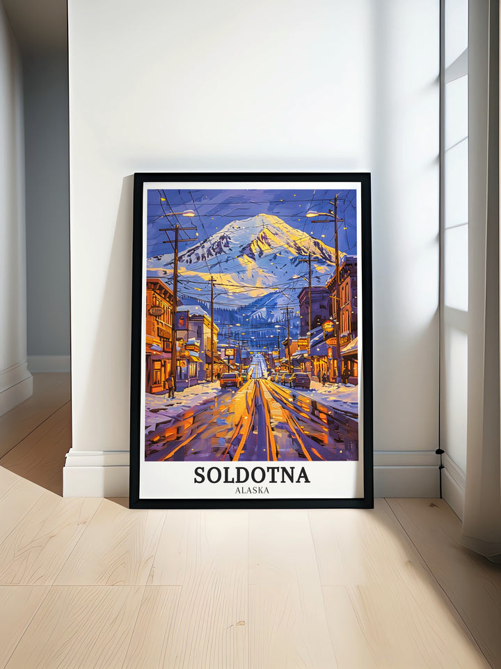 Captivating Soldotna art print illustrating the iconic Mt. Redoubt Volcano and the peaceful Soldotna town. The print offers a glimpse into Alaskas untamed beauty, making it a timeless piece for any collection