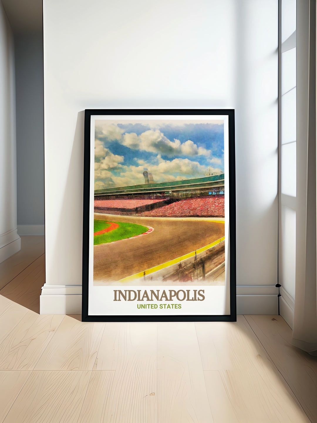 Vintage style Indianapolis Motor Speedway print with the citys skyline. Perfect for home decor or as a thoughtful gift. This artwork celebrates the rich history and modern beauty of Indianapolis, making it a cherished memento.