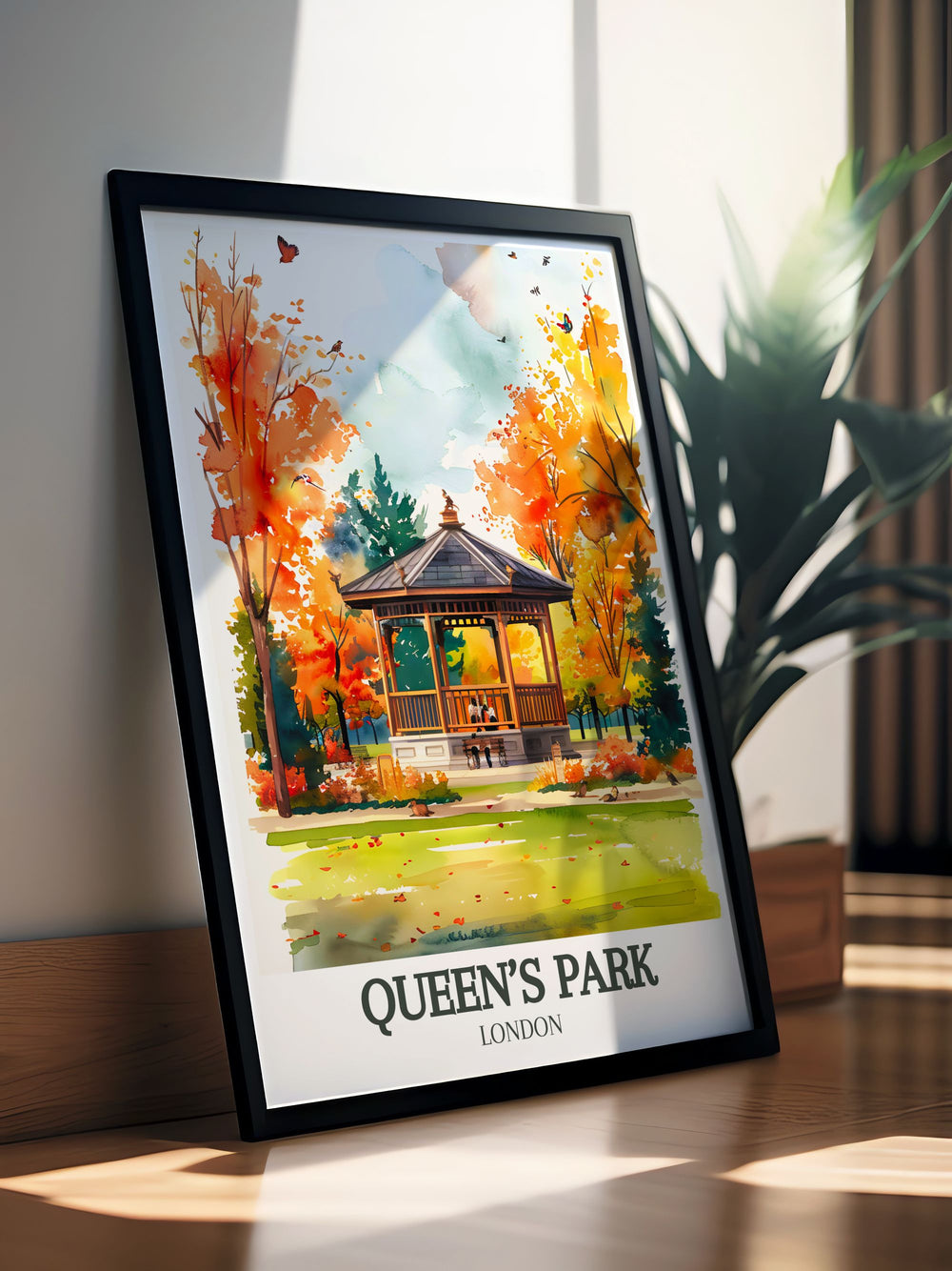 Retro London poster showcasing the serene beauty of Queens Park Bandstand and the historical charm of Queens Park London ideal for home decor and travel enthusiasts