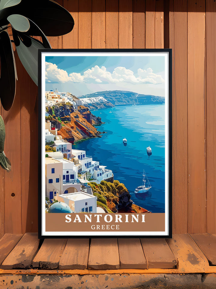 Elegant travel poster featuring the enchanting town of Fira in Santorini. Ideal for enhancing your home with the islands artistic vistas and rich cultural heritage.